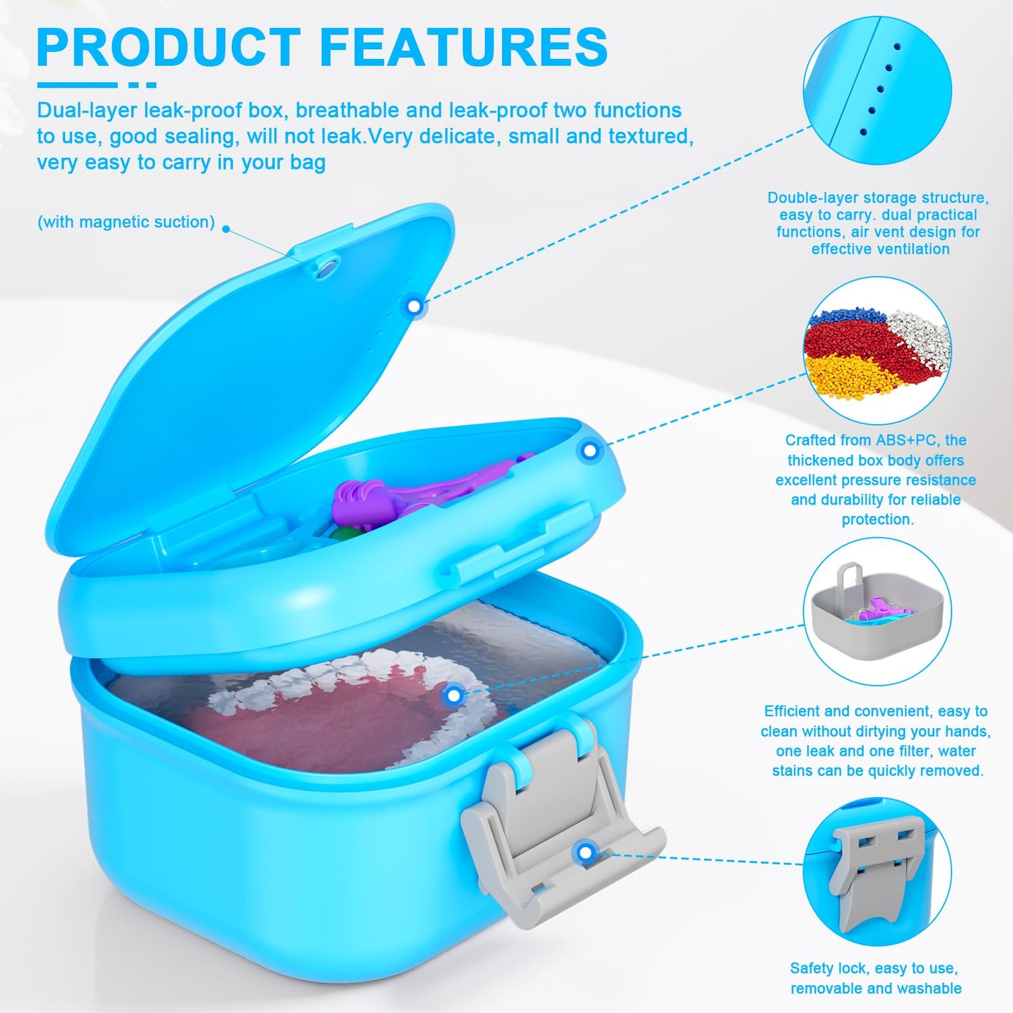 ANYLEY Leak-Proof Denture Case | 250ml Travel Retainer Cleaner Case – Sky Blue & Silver Gray
