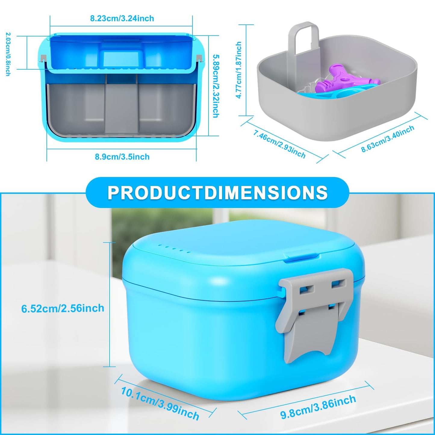 ANYLEY Leak-Proof Denture Case | 250ml Travel Retainer Cleaner Case – Sky Blue & Silver Gray