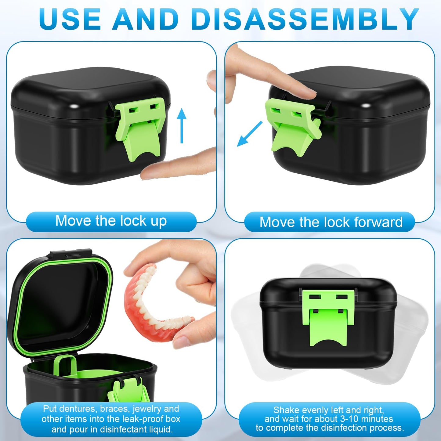 ANYLEY Leak Proof Denture Bath Cup – Travel Denture Case for Soaking Dentures | Portable Retainer Cleaner Case (Black & Light Green)
