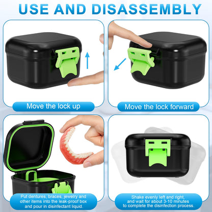 ANYLEY Leak Proof Denture Bath Cup – Travel Denture Case for Soaking Dentures | Portable Retainer Cleaner Case (Black & Light Green)
