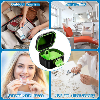 ANYLEY Leak Proof Denture Bath Cup – Travel Denture Case for Soaking Dentures | Portable Retainer Cleaner Case (Black & Light Green)