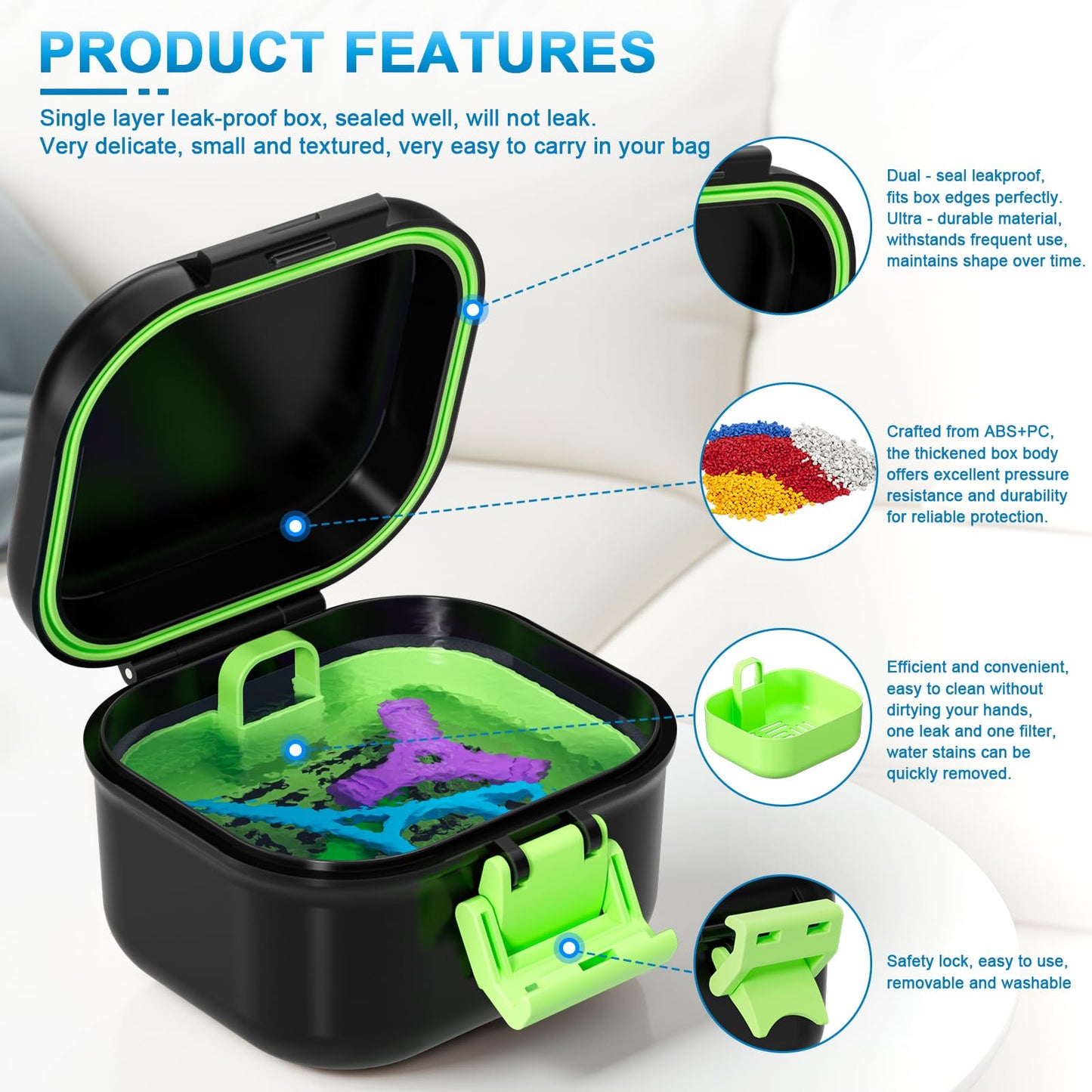 ANYLEY Leak Proof Denture Bath Cup – Travel Denture Case for Soaking Dentures | Portable Retainer Cleaner Case (Black & Light Green)