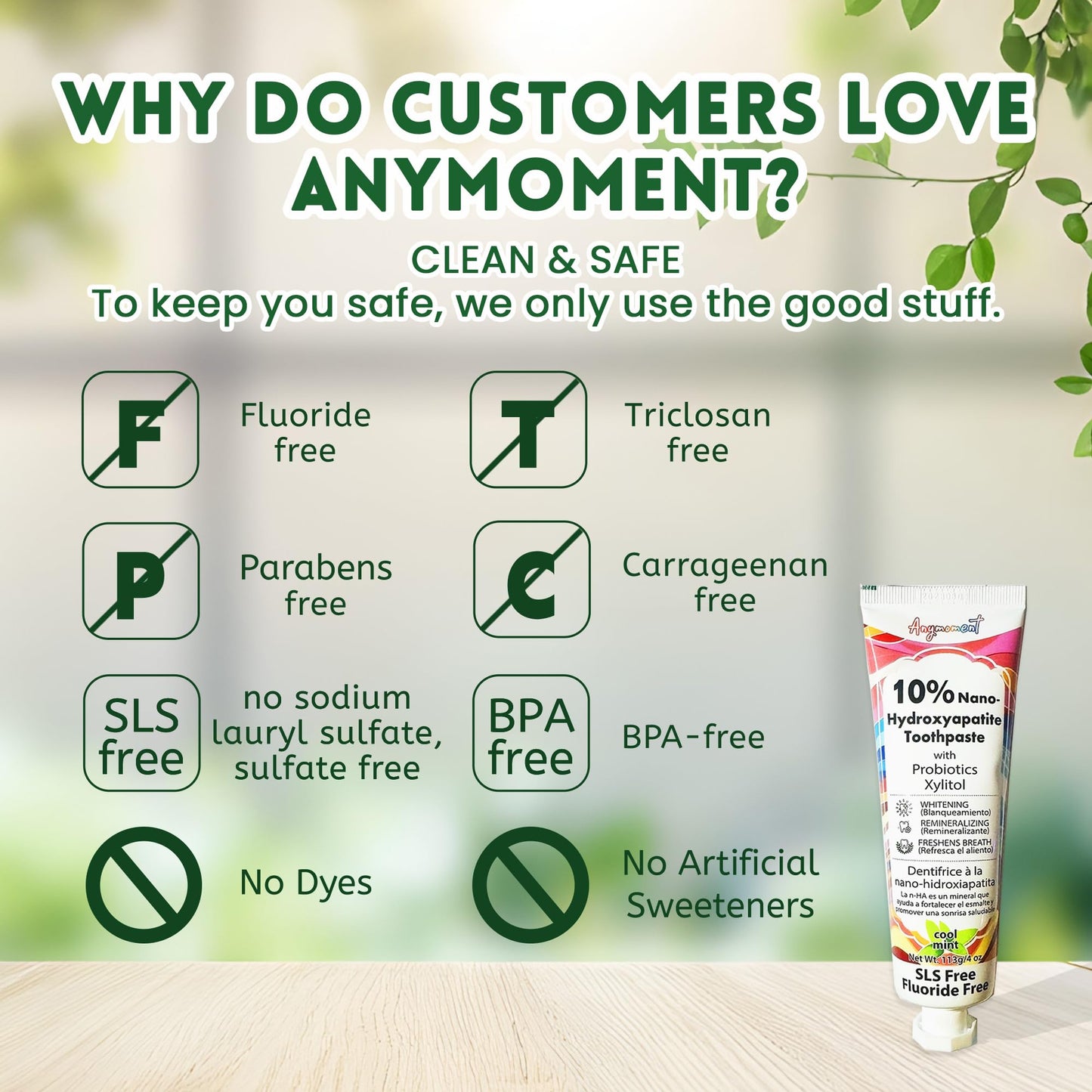 Anymoment 10% Nano Hydroxyapatite Toothpaste – Fluoride Free, Whitening, SLS Free, For Sensitive Teeth (4oz Pack of 2)