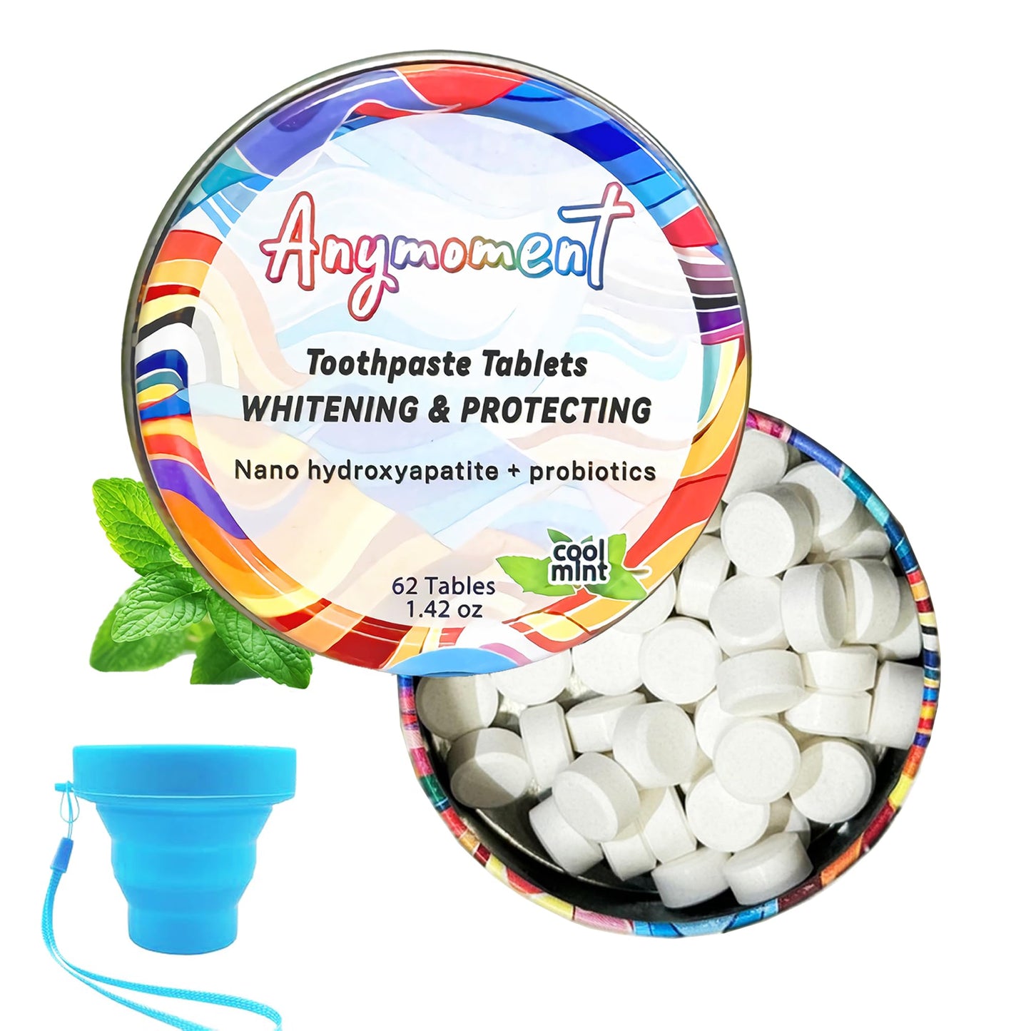 Anymoment Toothpaste Tablets – 7.5% Nano Hydroxyapatite, Fluoride Free, SLS Free | 1 Month Remineralize + Gift Cup