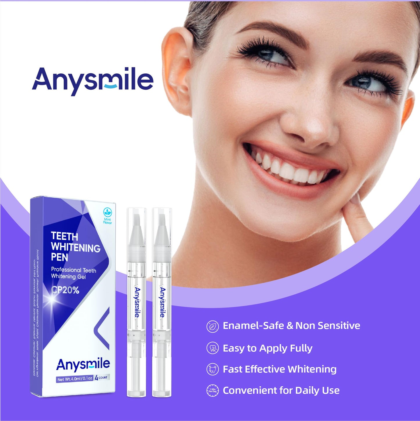 Anysmile Teeth Whitening Pens – Non-Sensitive, 20% Carbamide Peroxide, 4x 2ml Pens