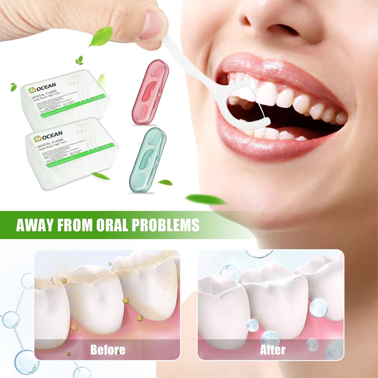 AOCEAN Dental Floss Picks – Travel Floss with Toothpicks (2 Boxes, 2 Cases)