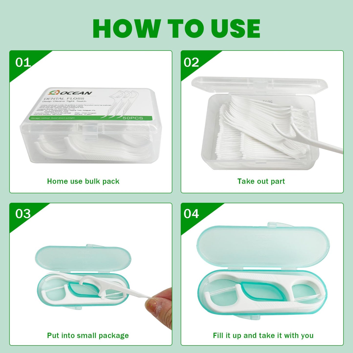 AOCEAN Dental Floss Picks – Travel Floss with Toothpicks (2 Boxes, 2 Cases)
