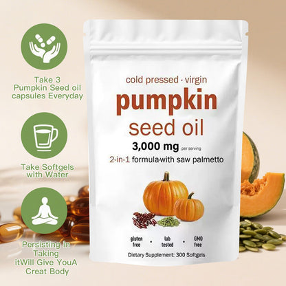 AOLBSPD Pumpkin Seed Oil Capsules with Saw Palmetto – 3000mg per Serving, 300 Softgels | Cold Pressed & Non-GMO