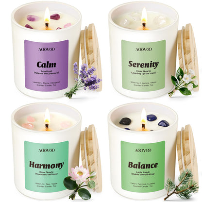 AOOVOO Calm Candles Set for Women - 4-Pack (28 oz), 200h Burn, Crystal Aromatherapy