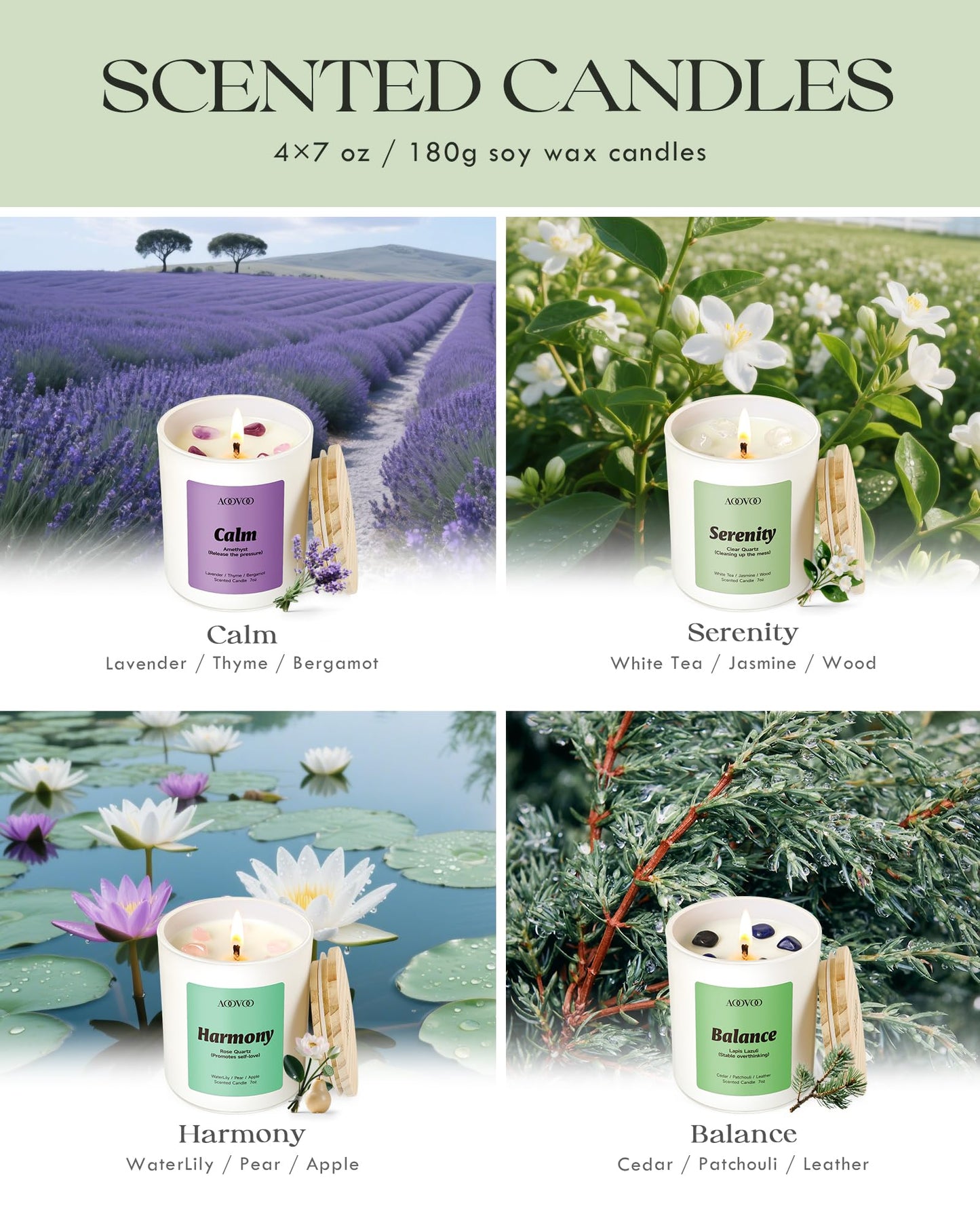 AOOVOO Calm Candles Set for Women - 4-Pack (28 oz), 200h Burn, Crystal Aromatherapy