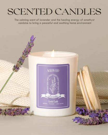 AOOVOO Lavender Scented Candles for Women - 7oz Soy Aromatherapy Candle with Crystals Inside