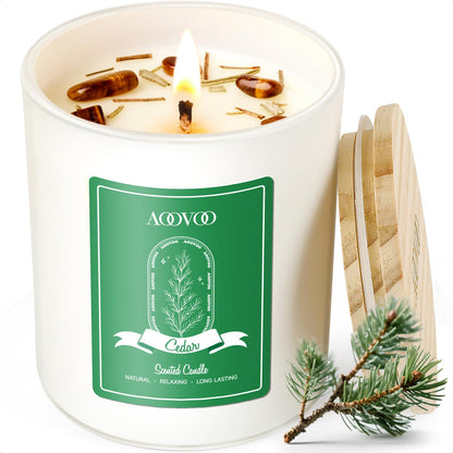 AOOVOO Cedar Scented Candles for Women – 10oz Soy Candle with Crystals Inside