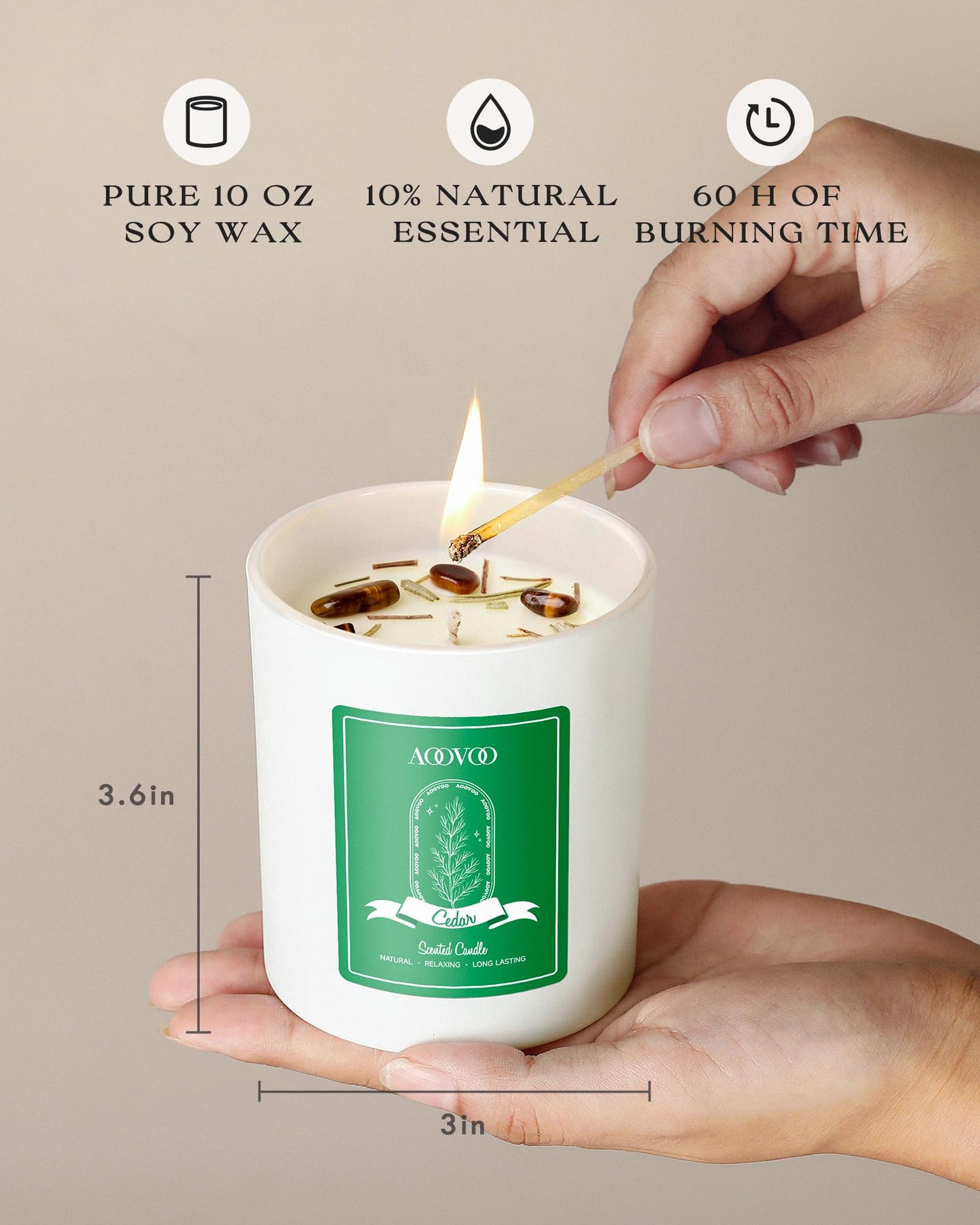 AOOVOO Cedar Scented Candles for Women – 10oz Soy Candle with Crystals Inside