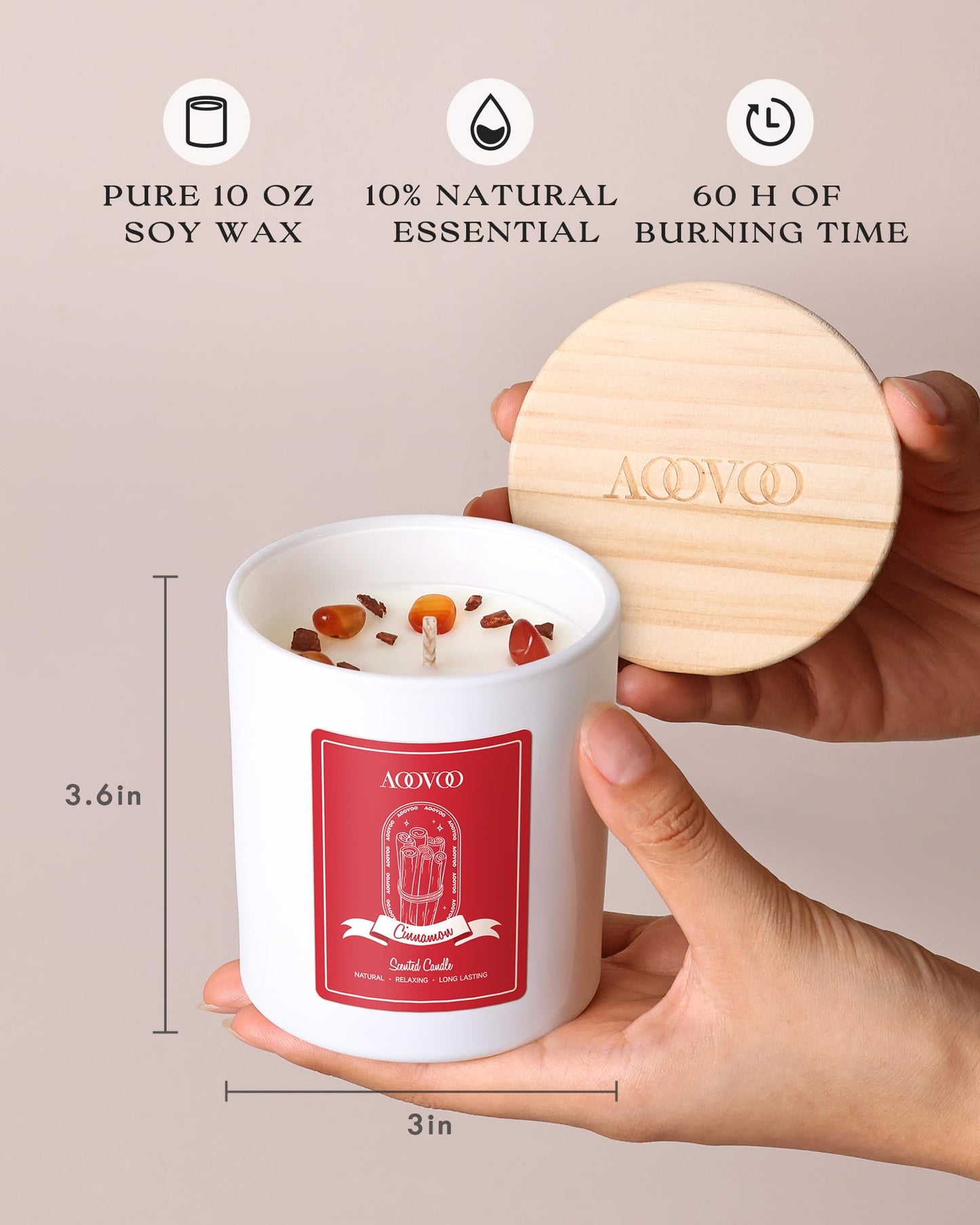 AOOVOO Cinnamon Scented Soy Candle with Crystals – 10oz for Women