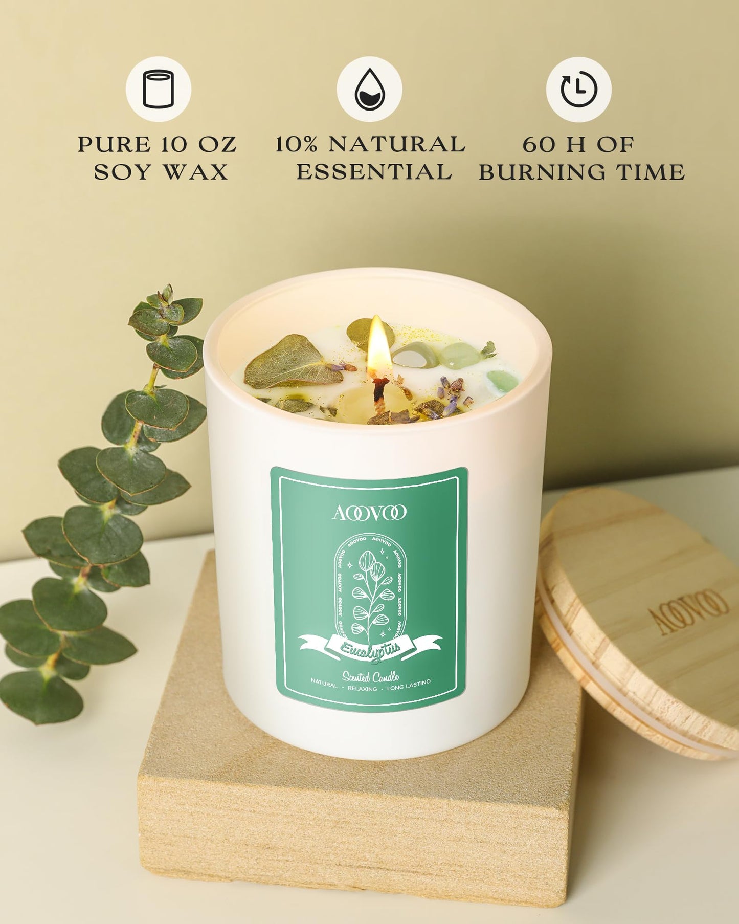AOOVOO Eucalyptus Mint Soy Candle with Crystals - 10oz for Women