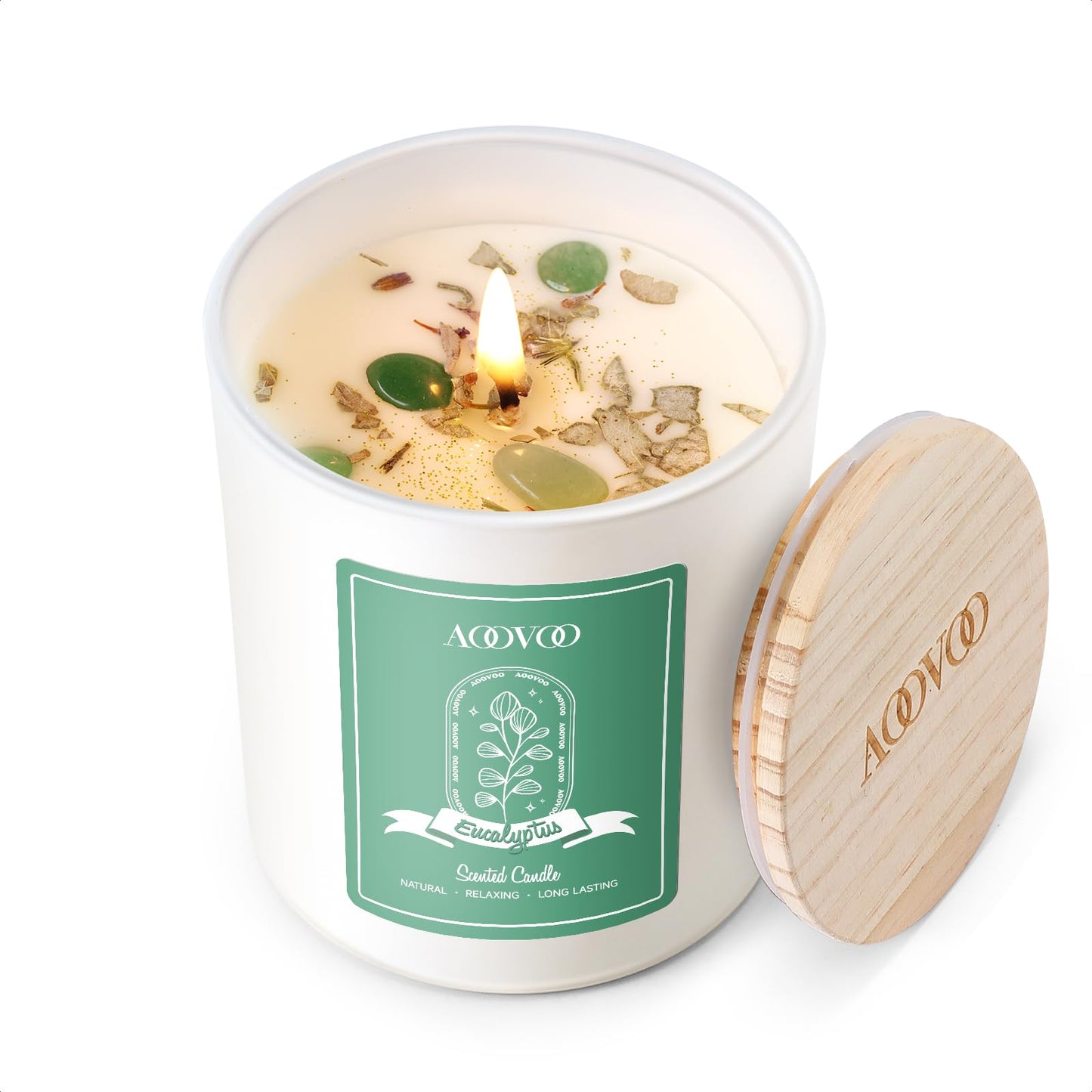 AOOVOO Eucalyptus Scented Candle - Aromatherapy 7oz Soy Candle with Crystals Inside | Gifts for Women