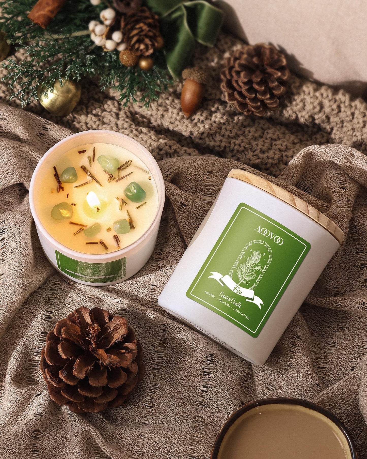 AOOVOO Fir Scented Candles for Women - Aromatherapy Candle with Crystals Inside, 10oz Soy Candles for Home Scented, Birthday Gifts Christmas Candle for Women Mom