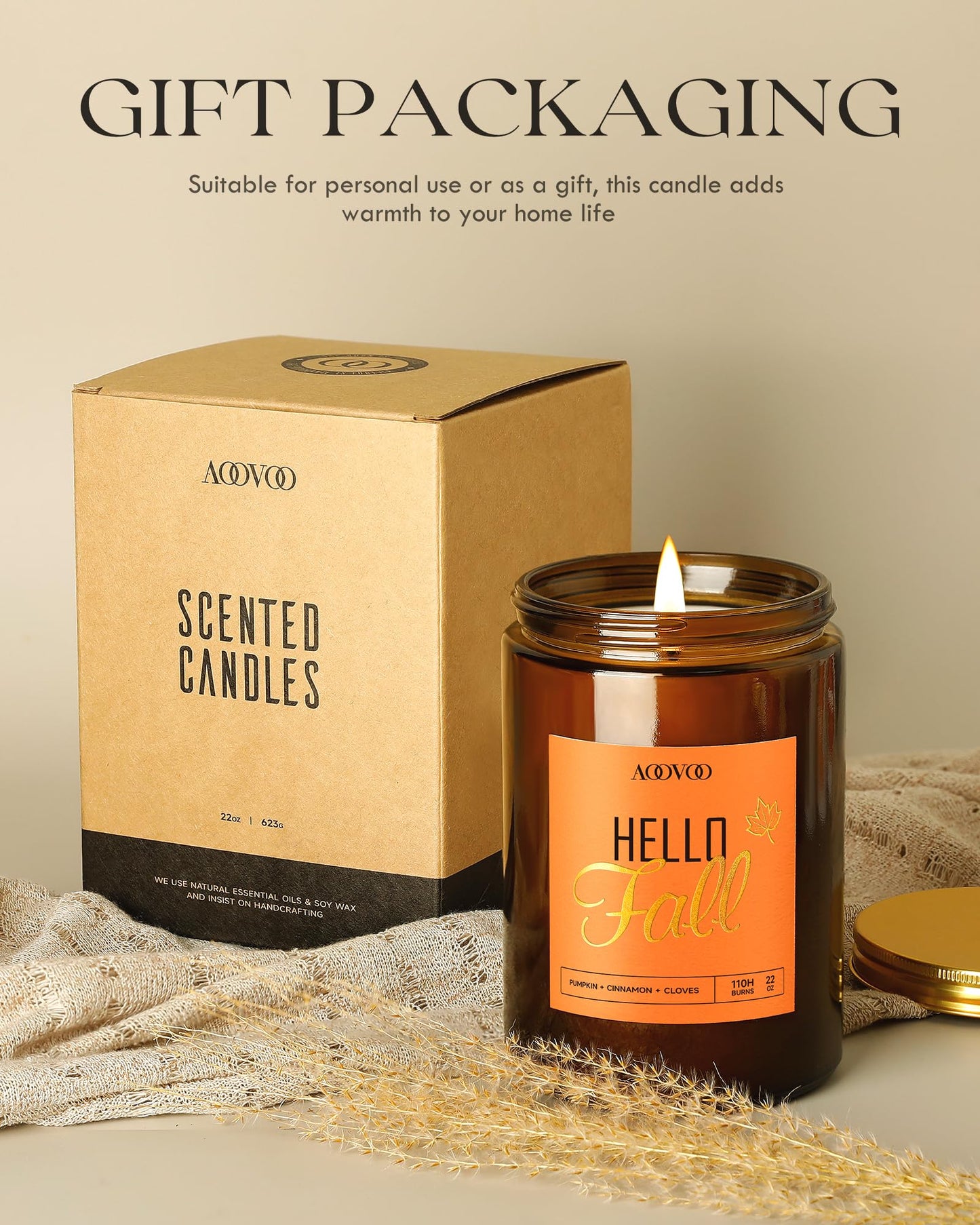AOOVOO Hello Fall Candles – 22 oz Soy Scented Candle for Home | Aromatherapy