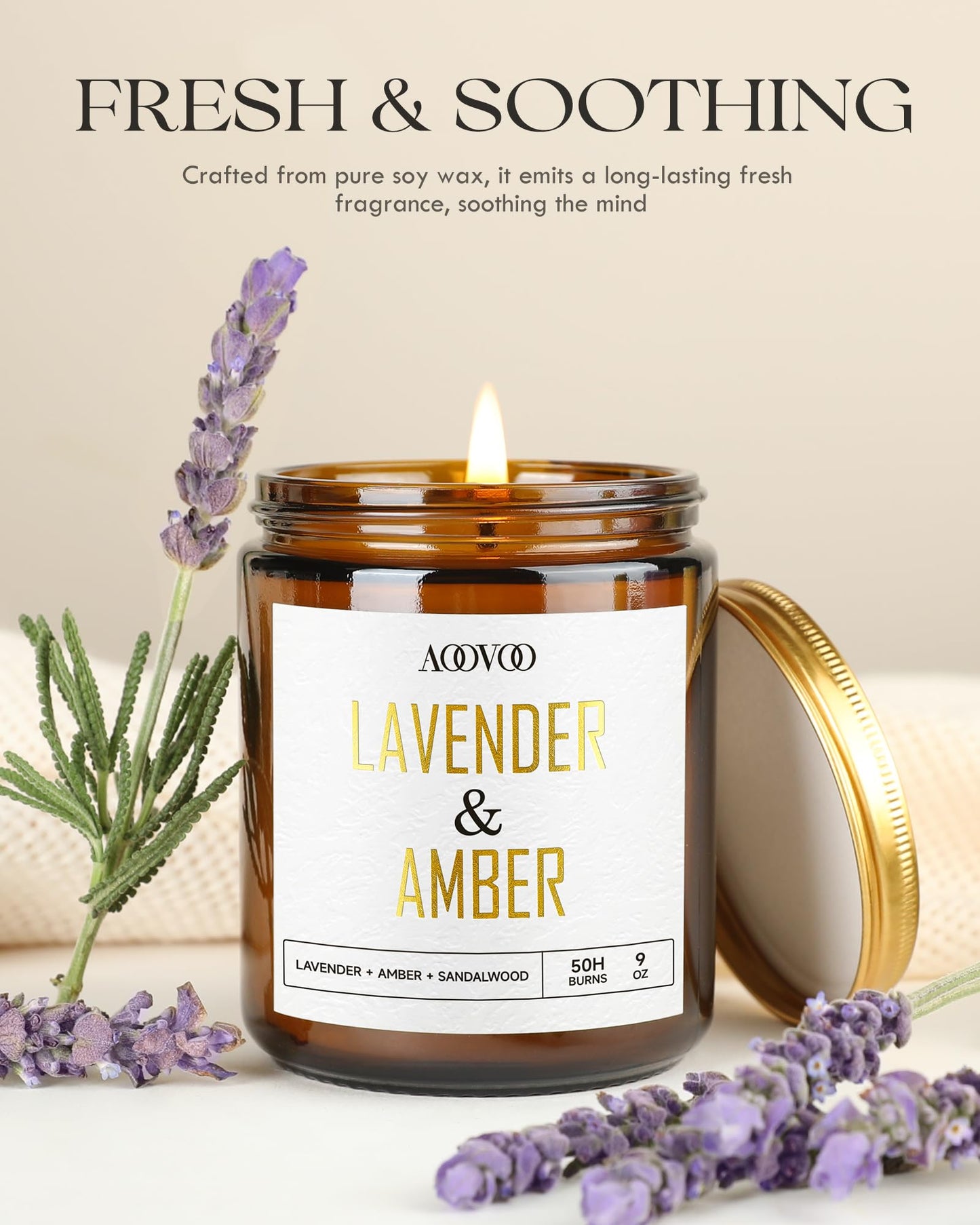 AOOVOO Lavender Amber Candles – 9 oz Scented Soy Candle, Aromatherapy