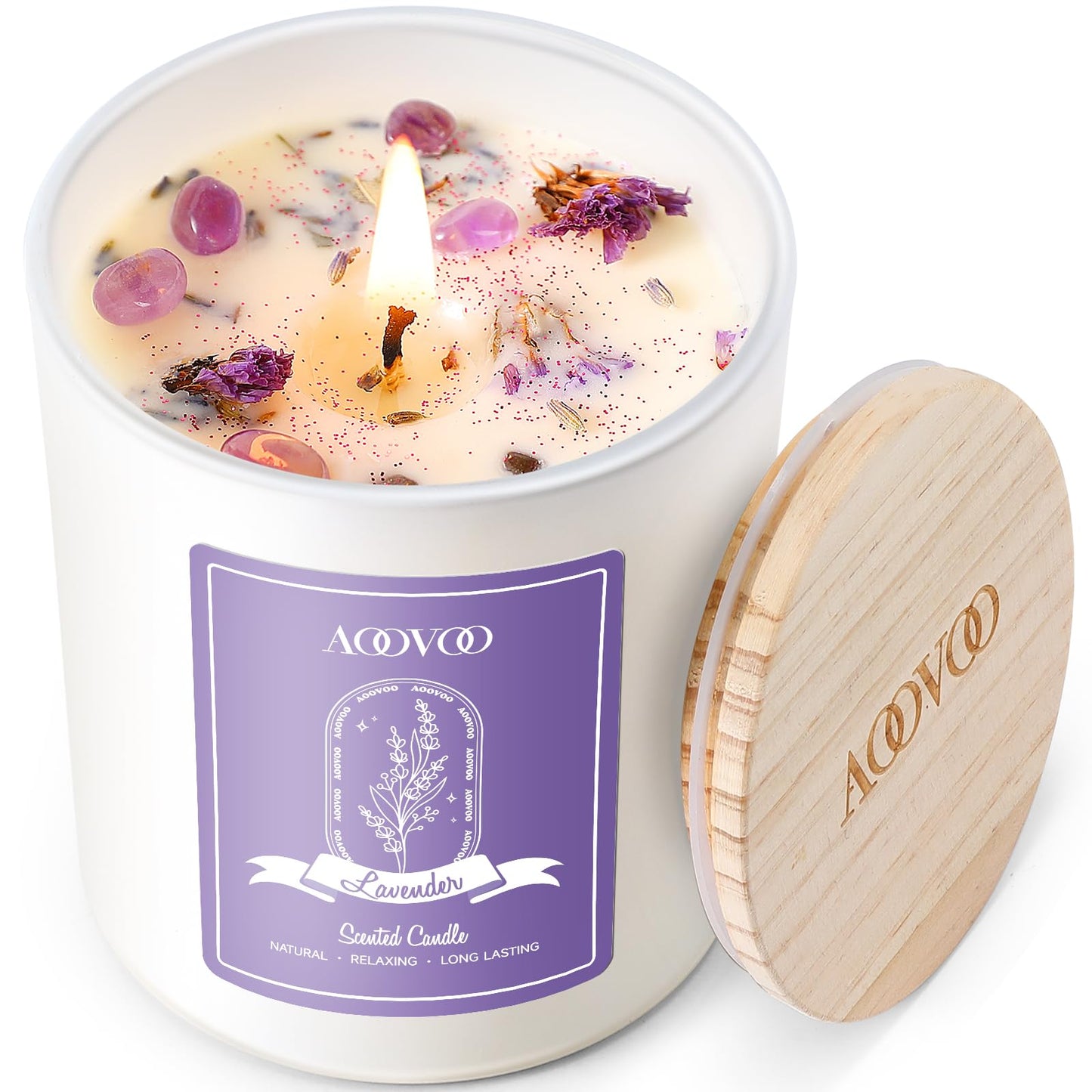 AOOVOO Lavender Scented Soy Candle for Women – Aromatherapy with Crystals, 10oz