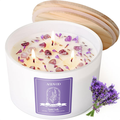 AOOVOO Lavender Scented Candles - 20oz 3-Wick Soy, Crystals Inside