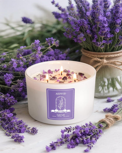AOOVOO Lavender Scented Candles - 20oz 3-Wick Soy, Crystals Inside