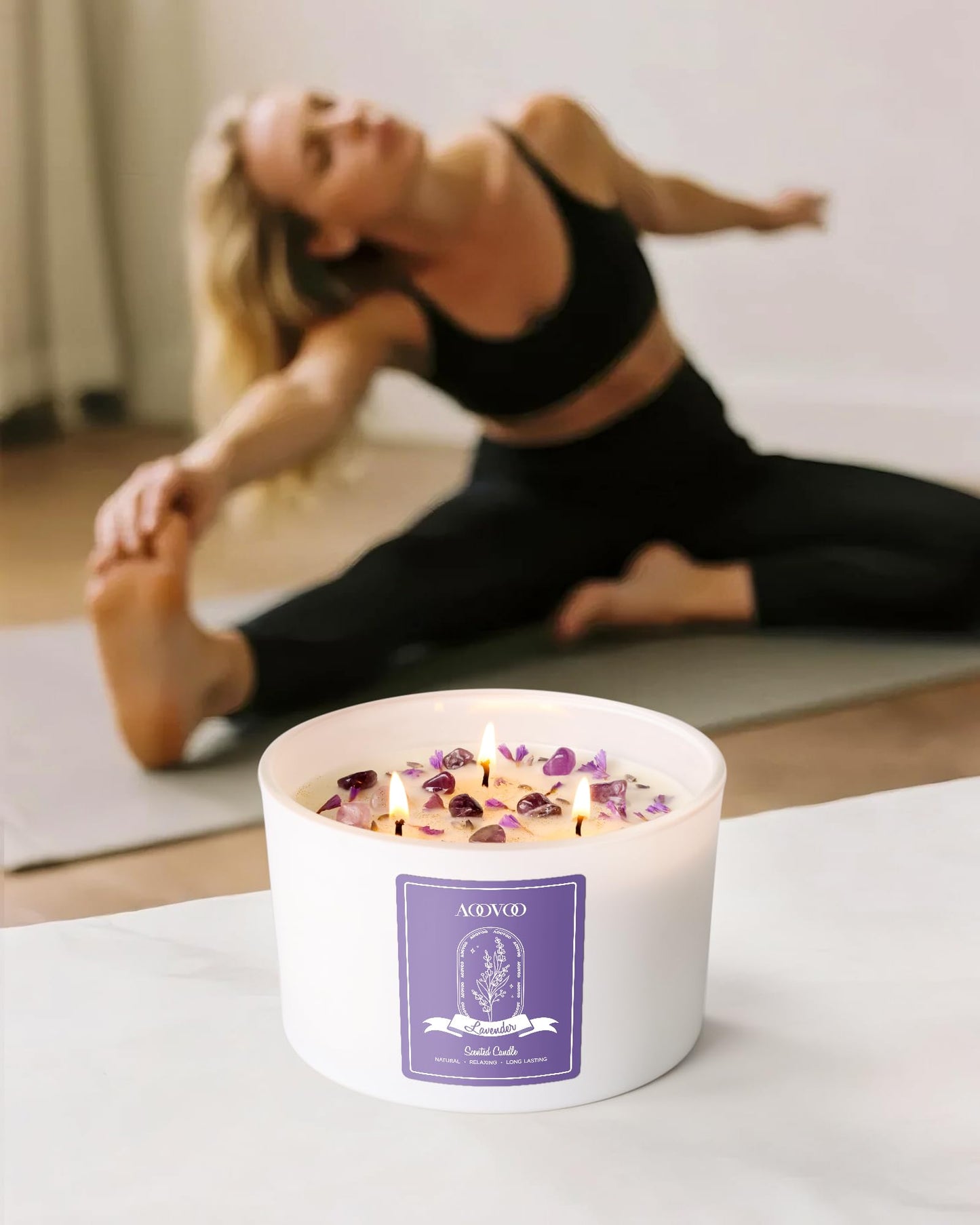 AOOVOO Lavender Scented Candles - 20oz 3-Wick Soy, Crystals Inside