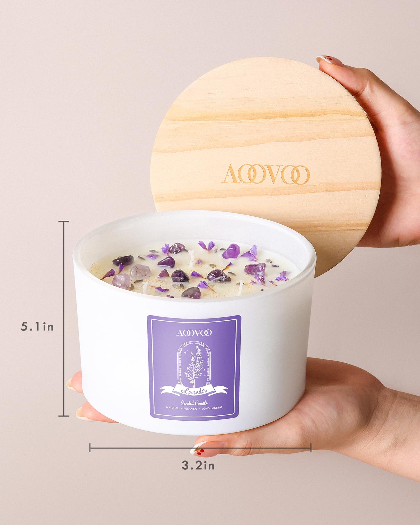AOOVOO Lavender Scented Candles - 20oz 3-Wick Soy, Crystals Inside