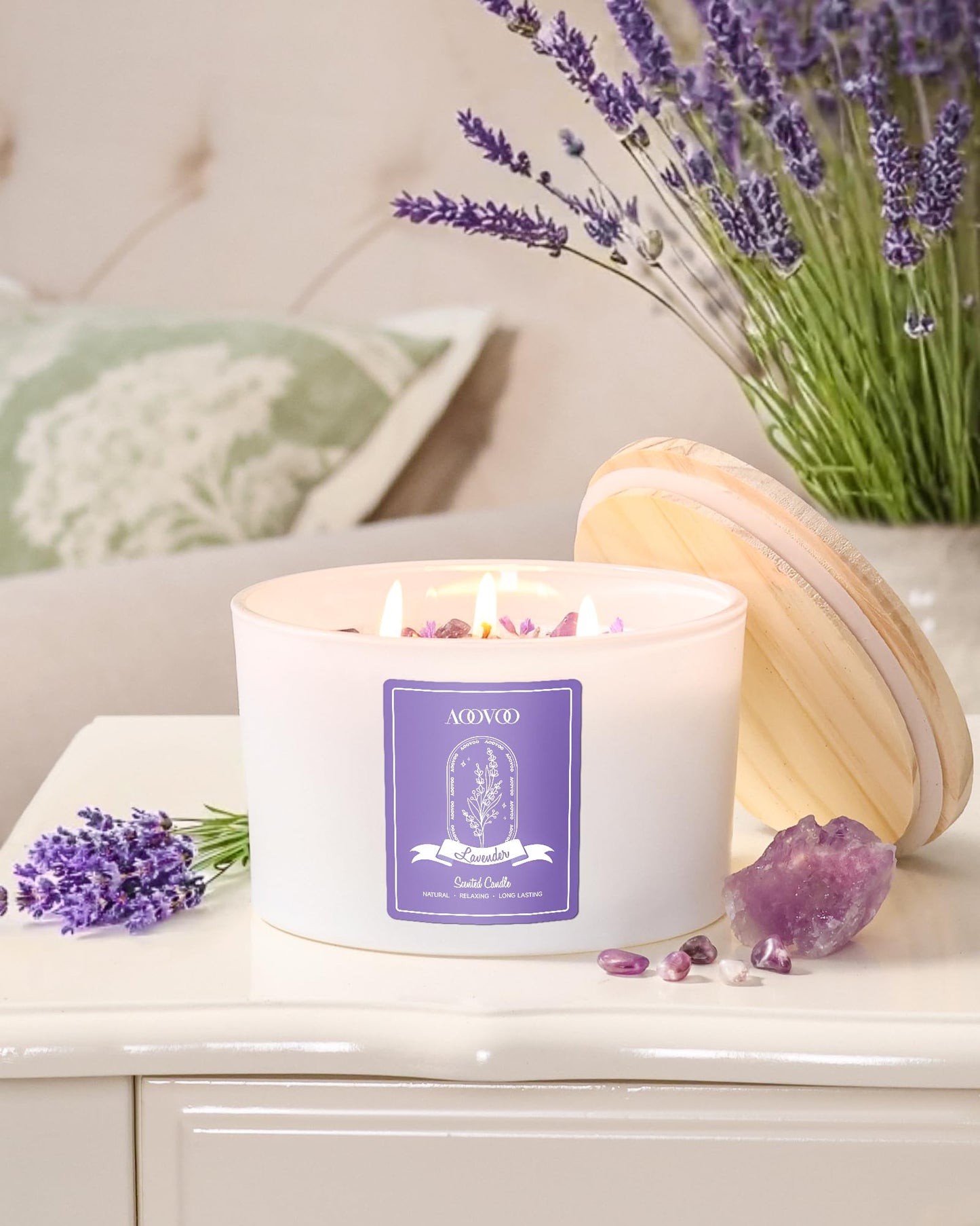 AOOVOO Lavender Scented Candles - 20oz 3-Wick Soy, Crystals Inside