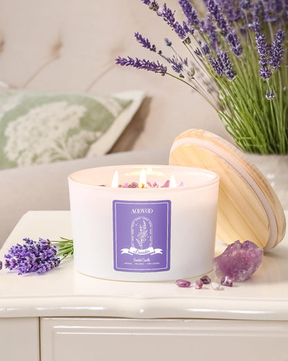 AOOVOO Lavender Scented Candles - 20oz 3-Wick Soy, Crystals Inside
