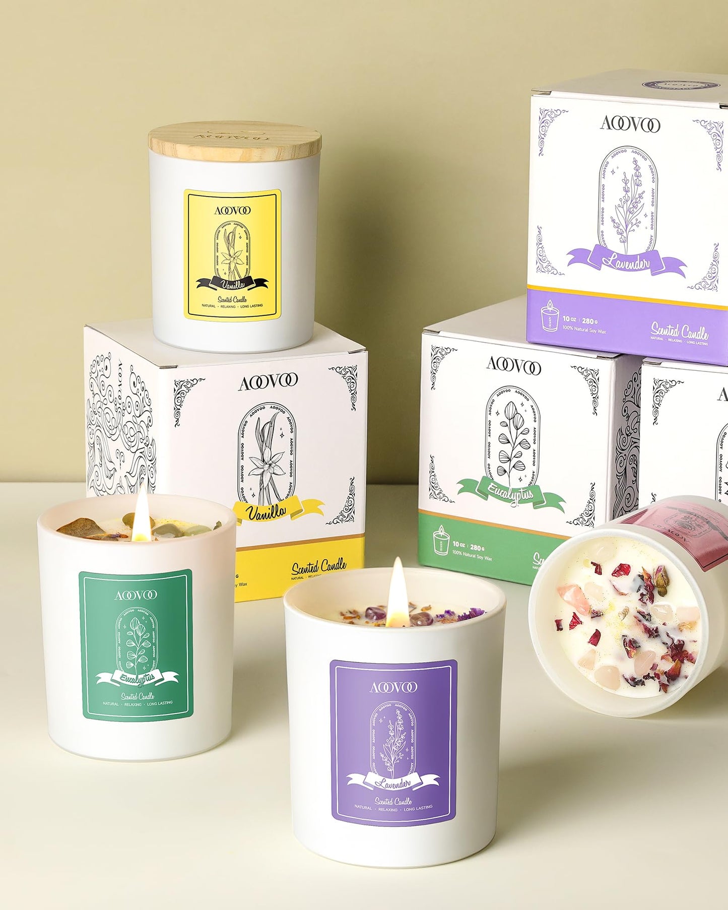 AOOVOO Lavender Scented Soy Candle for Women – Aromatherapy with Crystals, 10oz