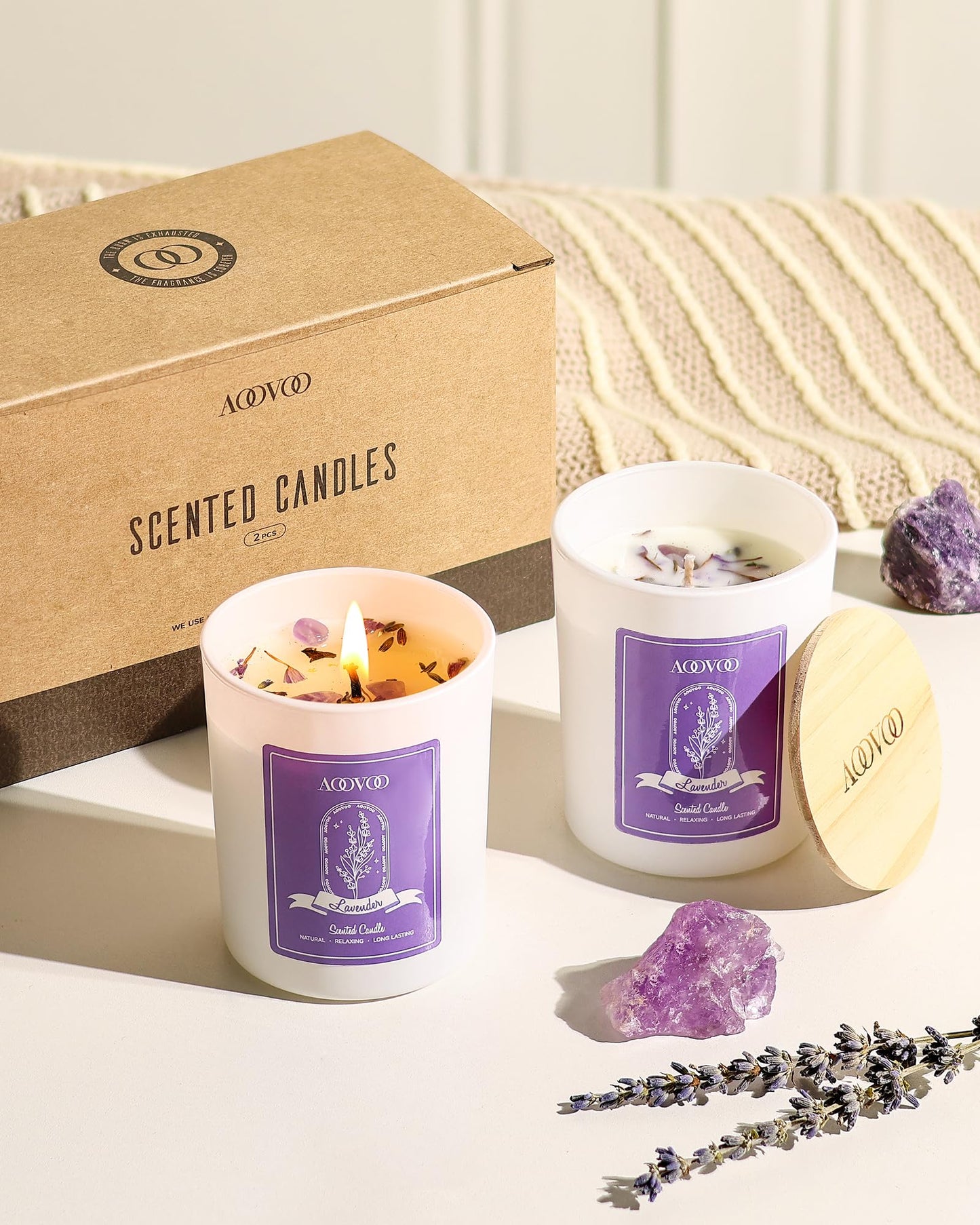 AOOVOO Lavender Scented Candle Set 2 Pack – 14oz Soy Candles with Crystals Inside