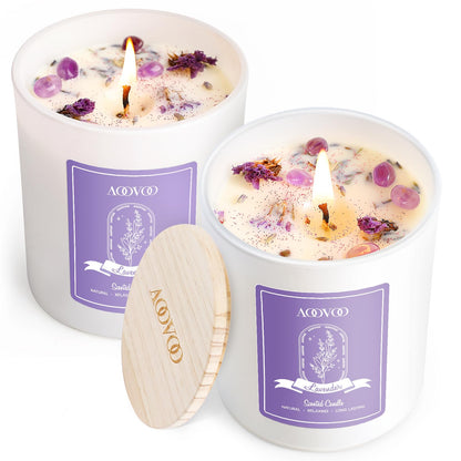 AOOVOO Lavender Scented Candle Set 2 Pack – 14oz Soy Candles with Crystals Inside