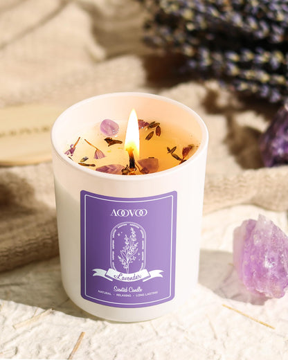 AOOVOO Lavender Scented Candle Set 2 Pack – 14oz Soy Candles with Crystals Inside