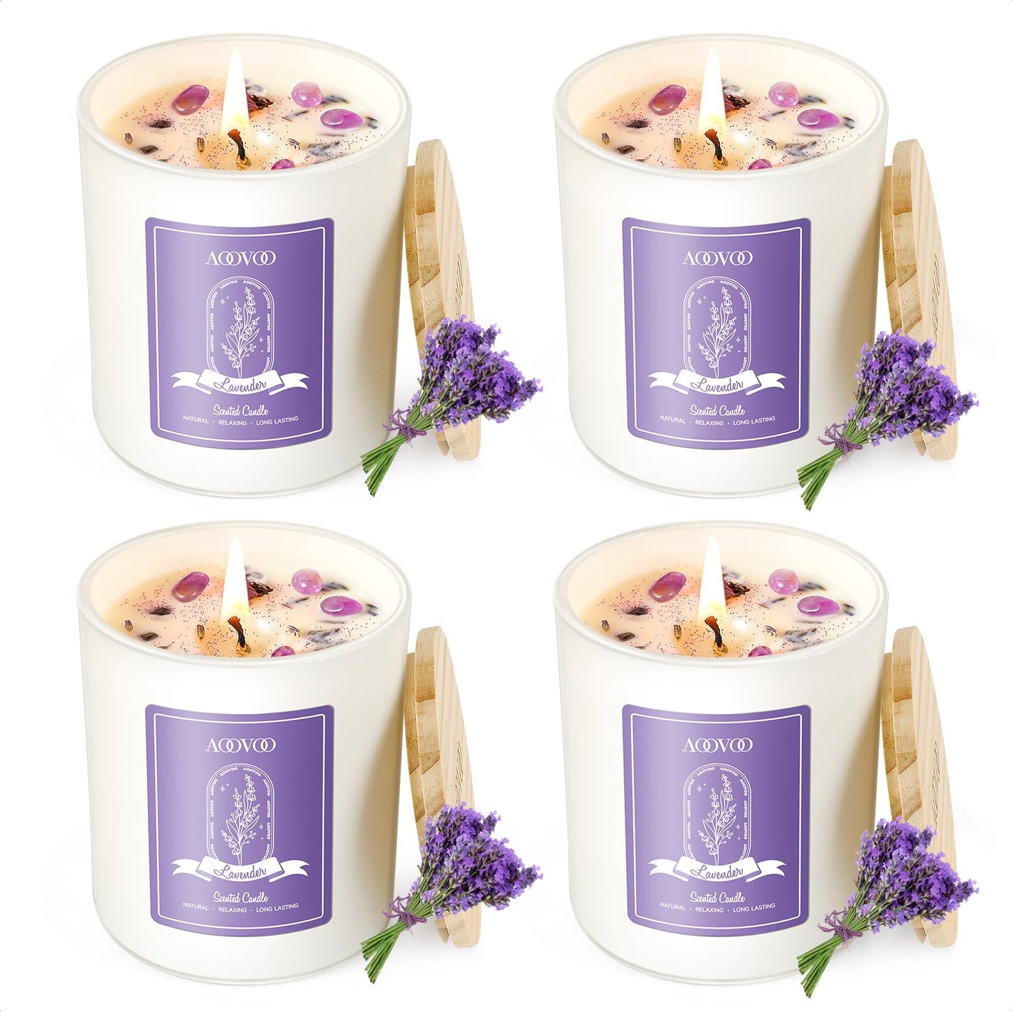 AOOVOO Lavender Candles Set - 4 Pack Aromatherapy Candles with Crystals Inside