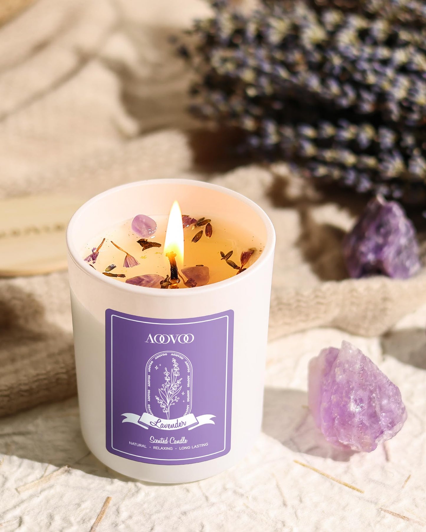 AOOVOO Lavender Candles Set - 4-Pack, 28 oz, 200 Hour Burn Time, Crystals Inside, Aromatherapy Gifts