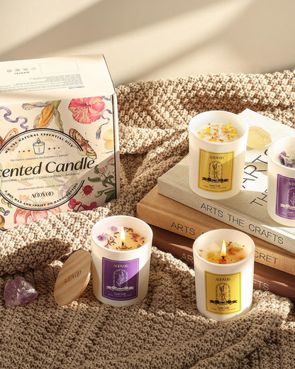 AOOVOO Lavender Candles Set - 4-Pack, 28 oz, 200 Hour Burn Time, Crystals Inside, Aromatherapy Gifts