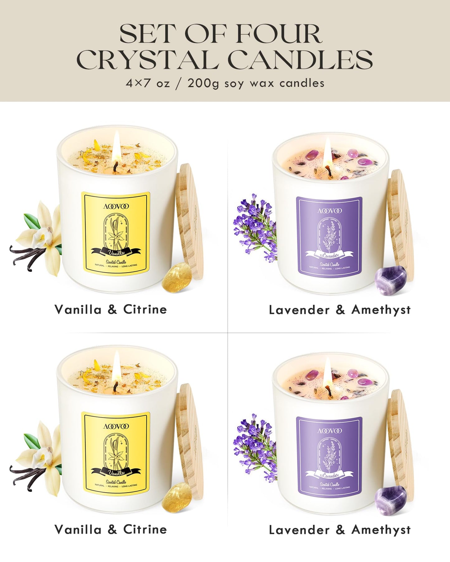 AOOVOO Lavender Candles Set - 4-Pack, 28 oz, 200 Hour Burn Time, Crystals Inside, Aromatherapy Gifts