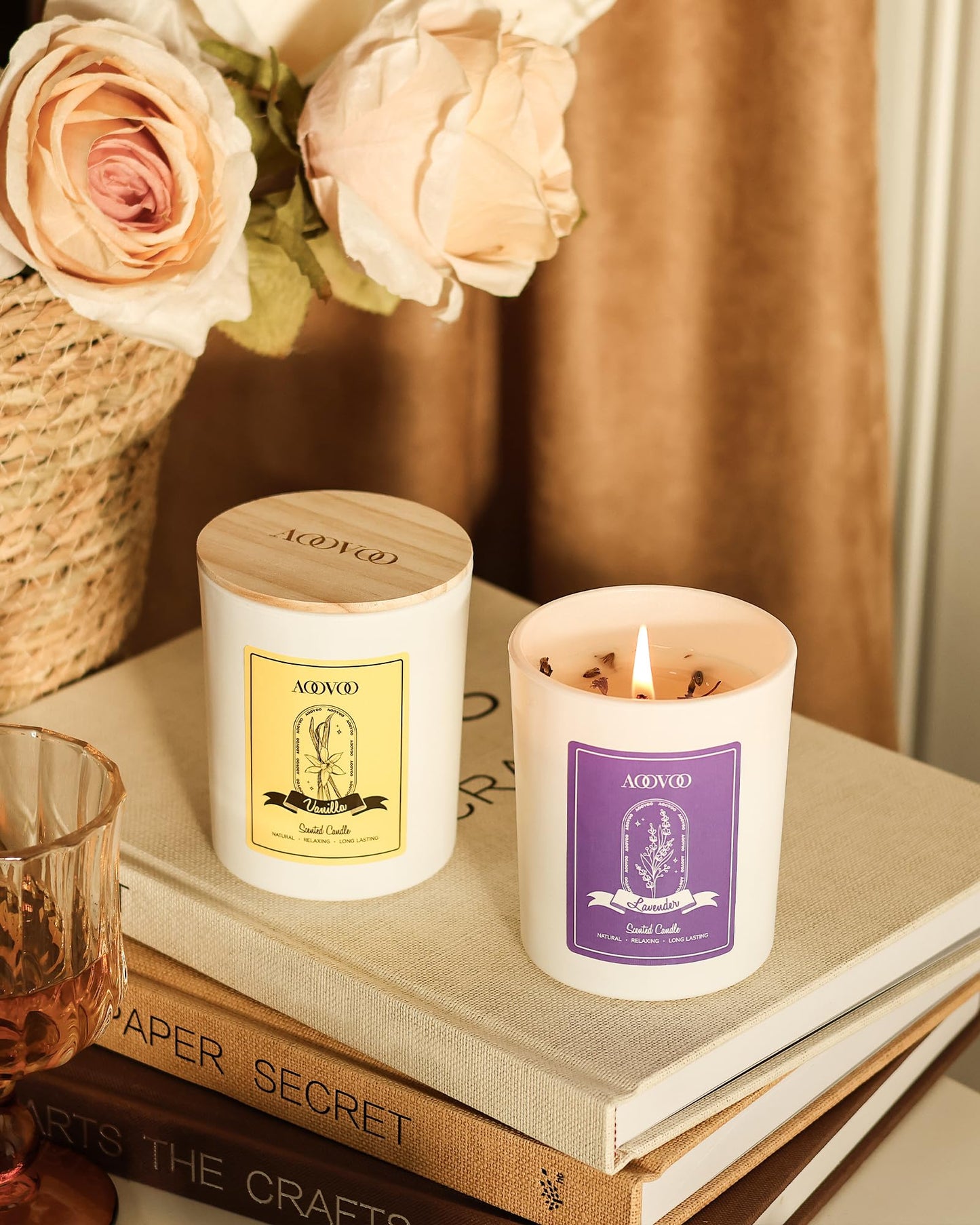 AOOVOO Lavender Candles Set - 4-Pack, 28 oz, 200 Hour Burn Time, Crystals Inside, Aromatherapy Gifts