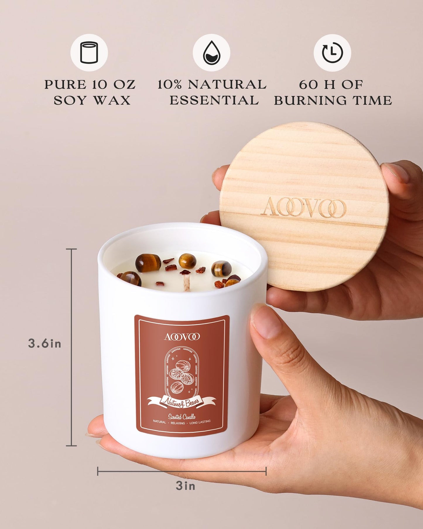 AOOVOO Nutmeg Beans Scented Candle – 10oz Soy Aromatherapy with Crystals Inside