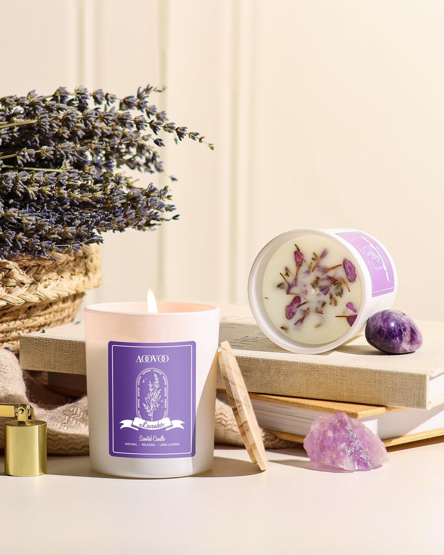 AOOVOO Lavender Scented Candle Set 2 Pack – 14oz Soy Candles with Crystals Inside