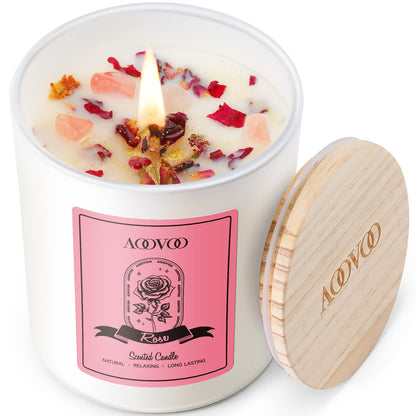 AOOVOO Rose Scented Candle for Women - 10oz Soy + Crystals Inside