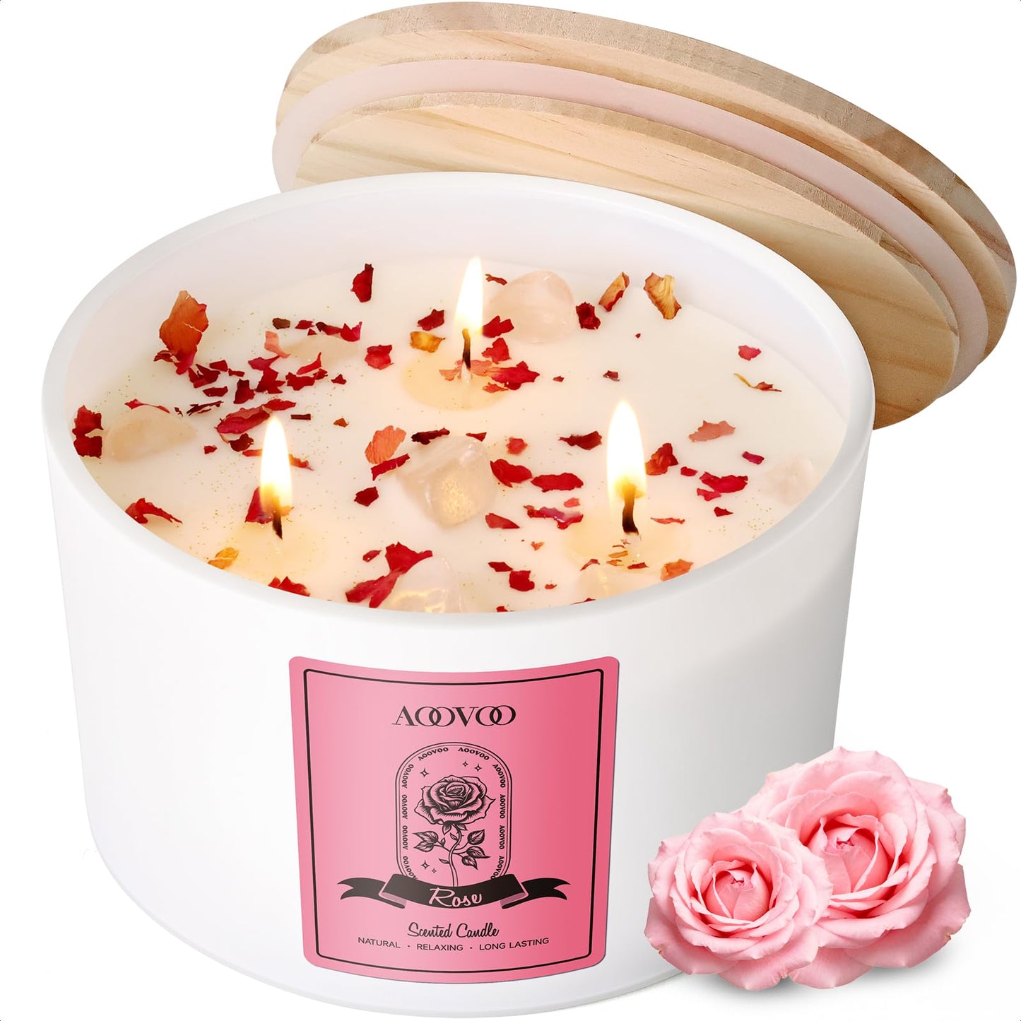 AOOVOO Rose Scented Candle – 20oz 3-Wick Soy Candle with Crystals | Aromatherapy Gift for Women