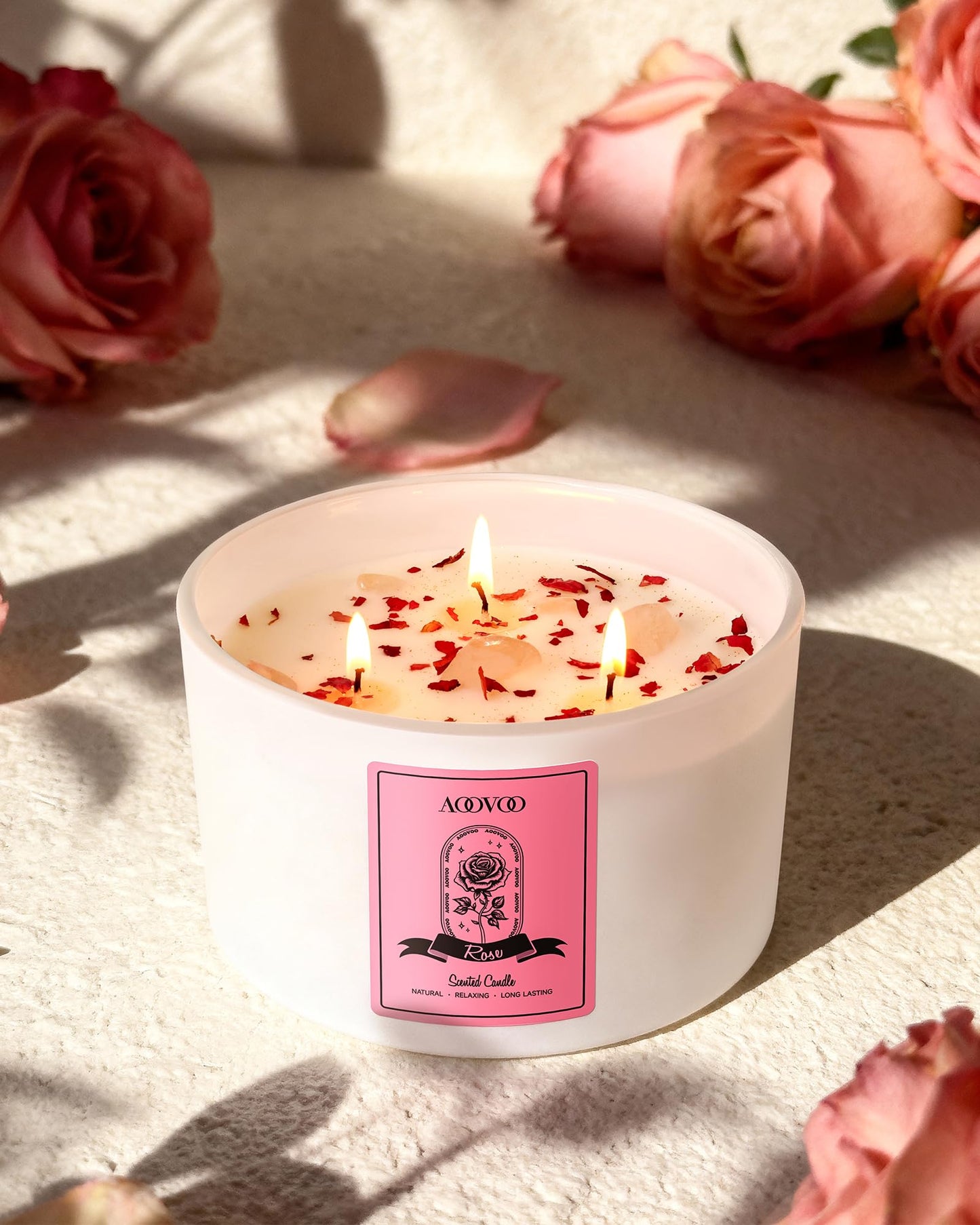 AOOVOO Rose Scented Candle – 20oz 3-Wick Soy Candle with Crystals | Aromatherapy Gift for Women