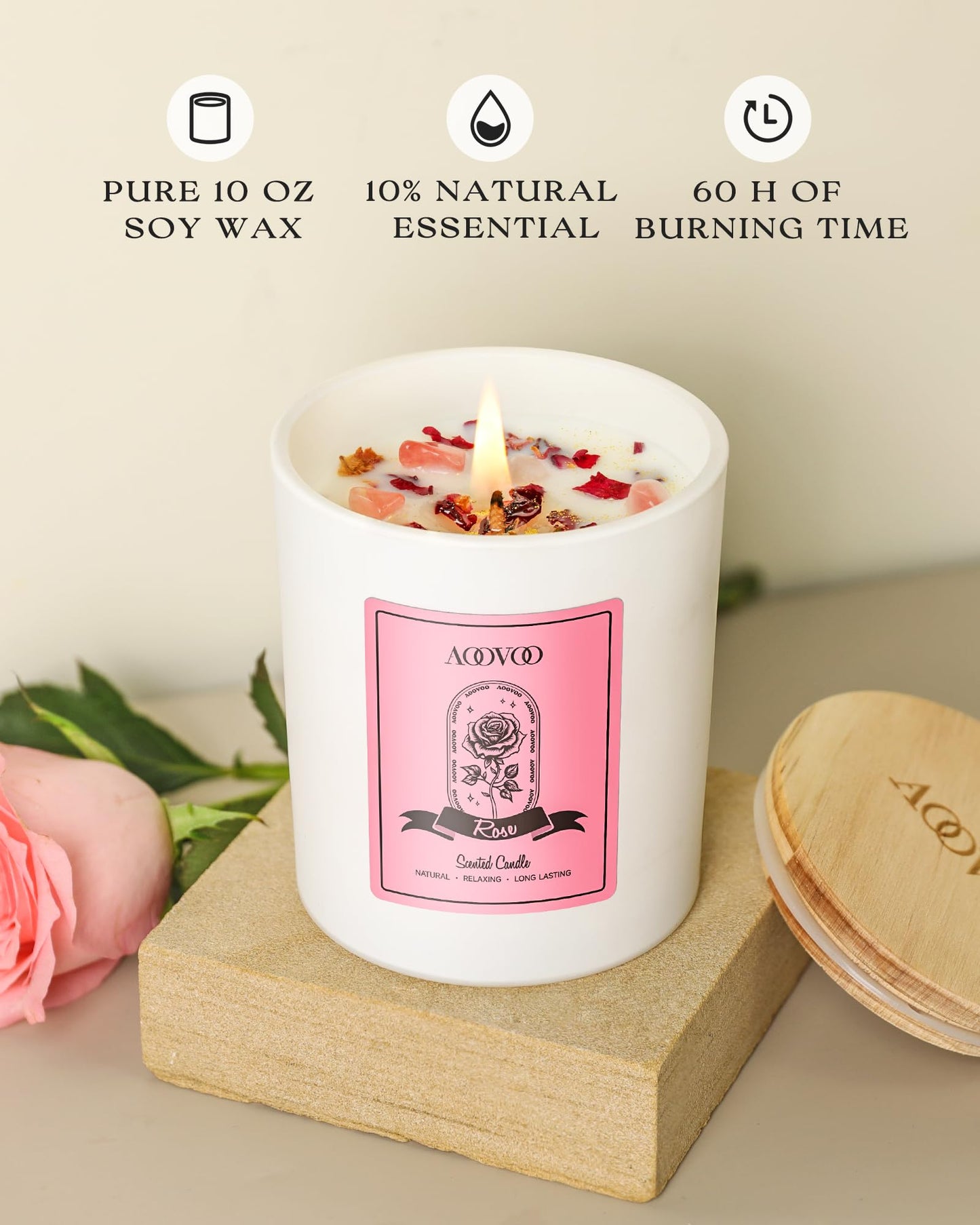 AOOVOO Rose Scented Candle for Women - 10oz Soy + Crystals Inside