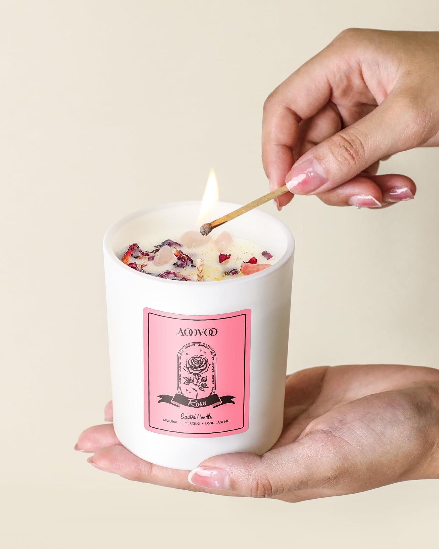 AOOVOO Rose Scented Candle for Women - 10oz Soy + Crystals Inside