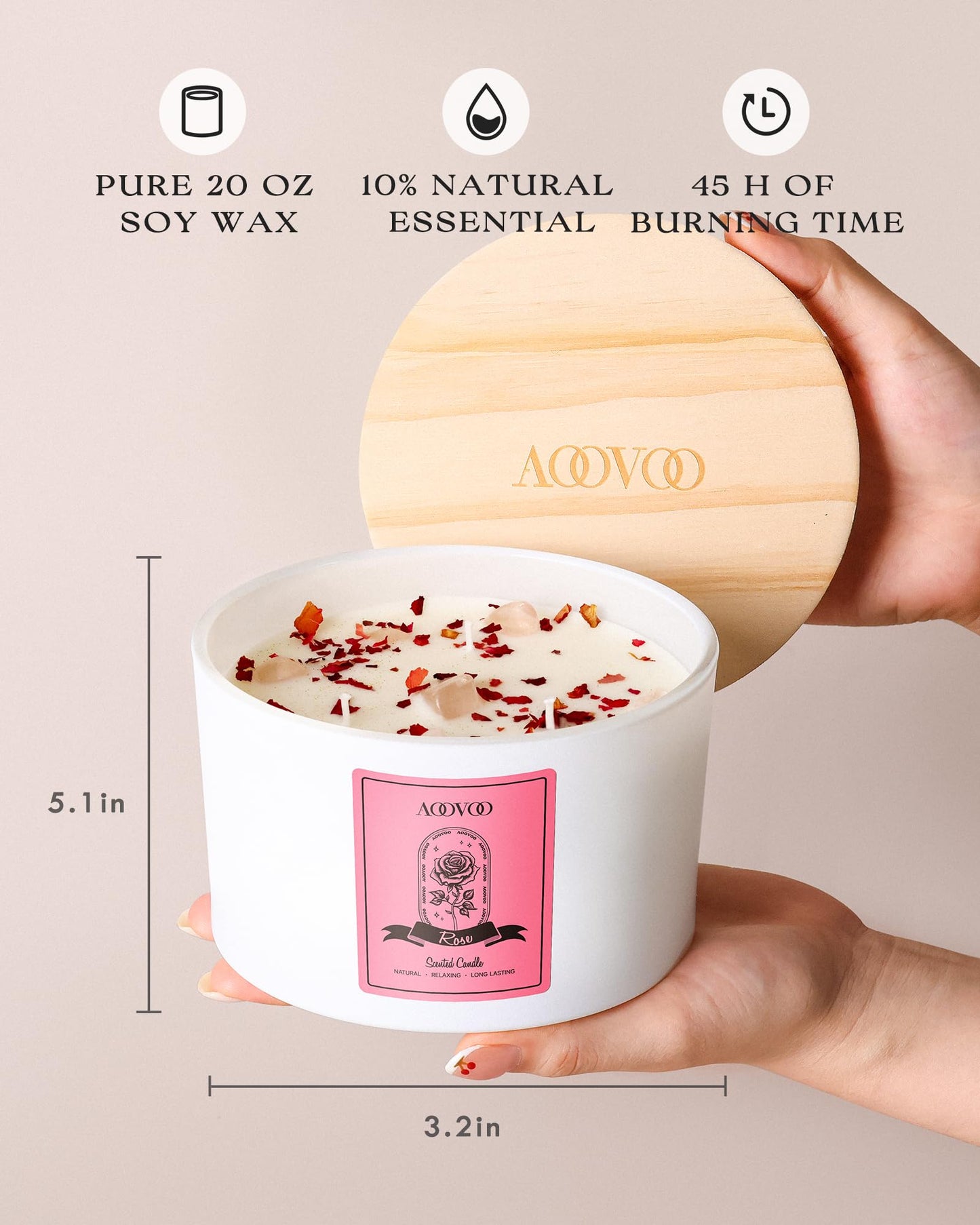 AOOVOO Rose Scented Candle – 20oz 3-Wick Soy Candle with Crystals | Aromatherapy Gift for Women