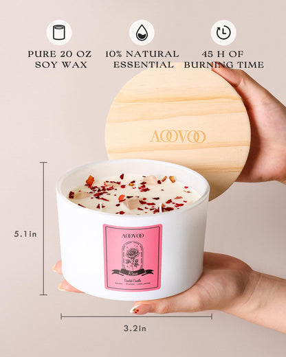 AOOVOO Rose Scented Candle – 20oz 3-Wick Soy Candle with Crystals | Aromatherapy Gift for Women