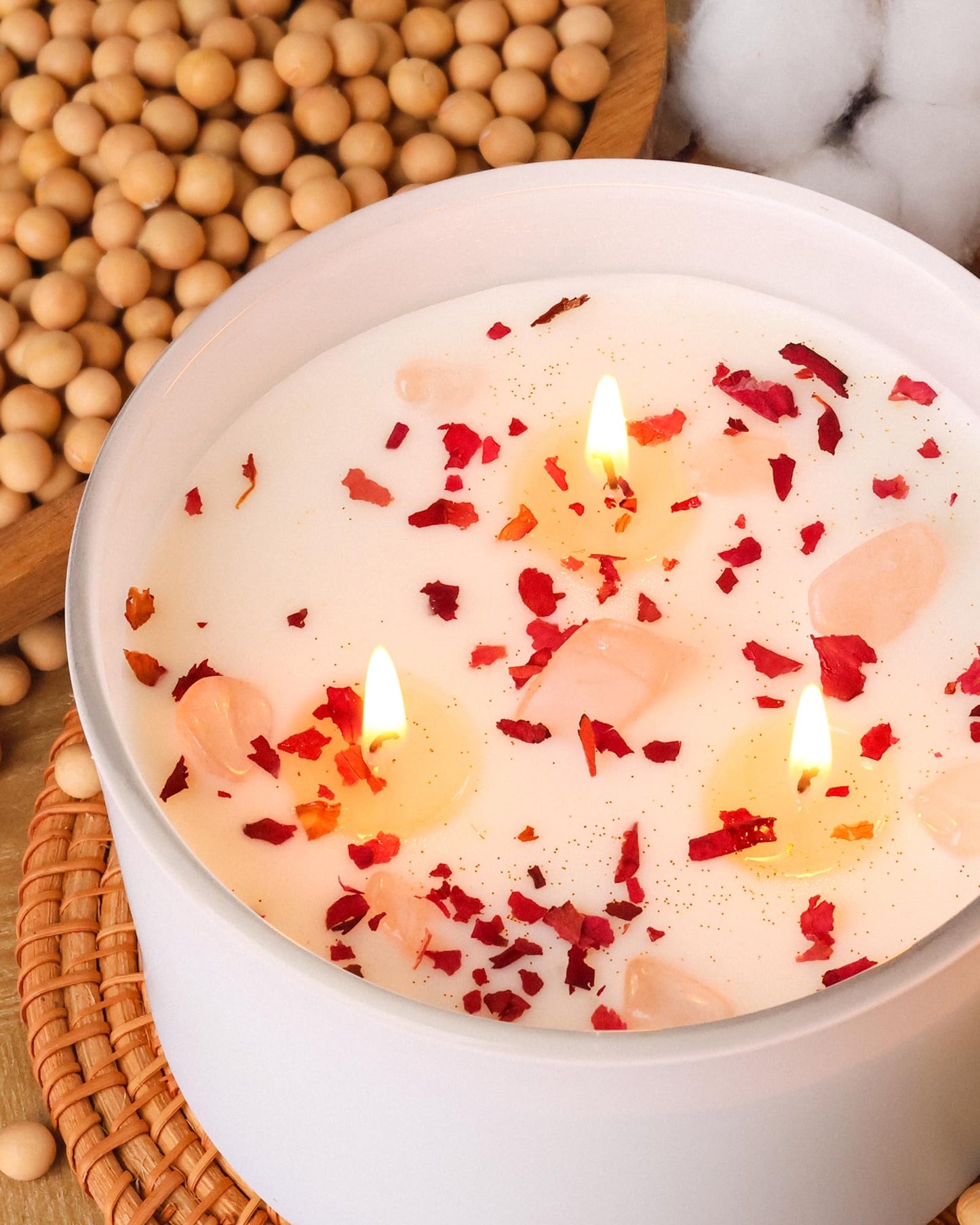 AOOVOO Rose Scented Candle – 20oz 3-Wick Soy Candle with Crystals | Aromatherapy Gift for Women