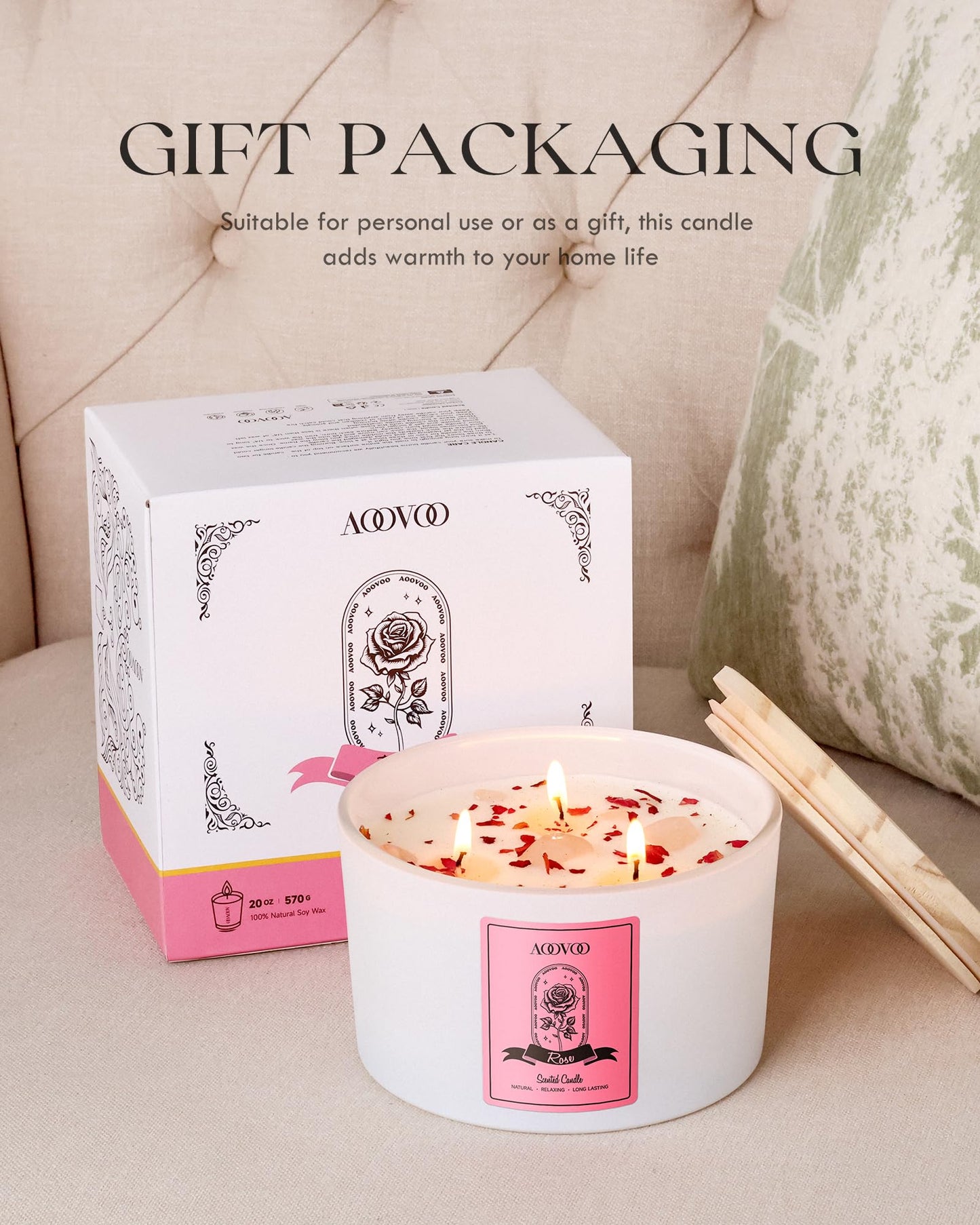 AOOVOO Rose Scented Candle – 20oz 3-Wick Soy Candle with Crystals | Aromatherapy Gift for Women